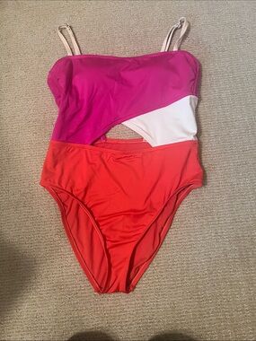 Shade & Shore Colorblock One-Piece Swimsuit - Pink, White & Orange, size medium